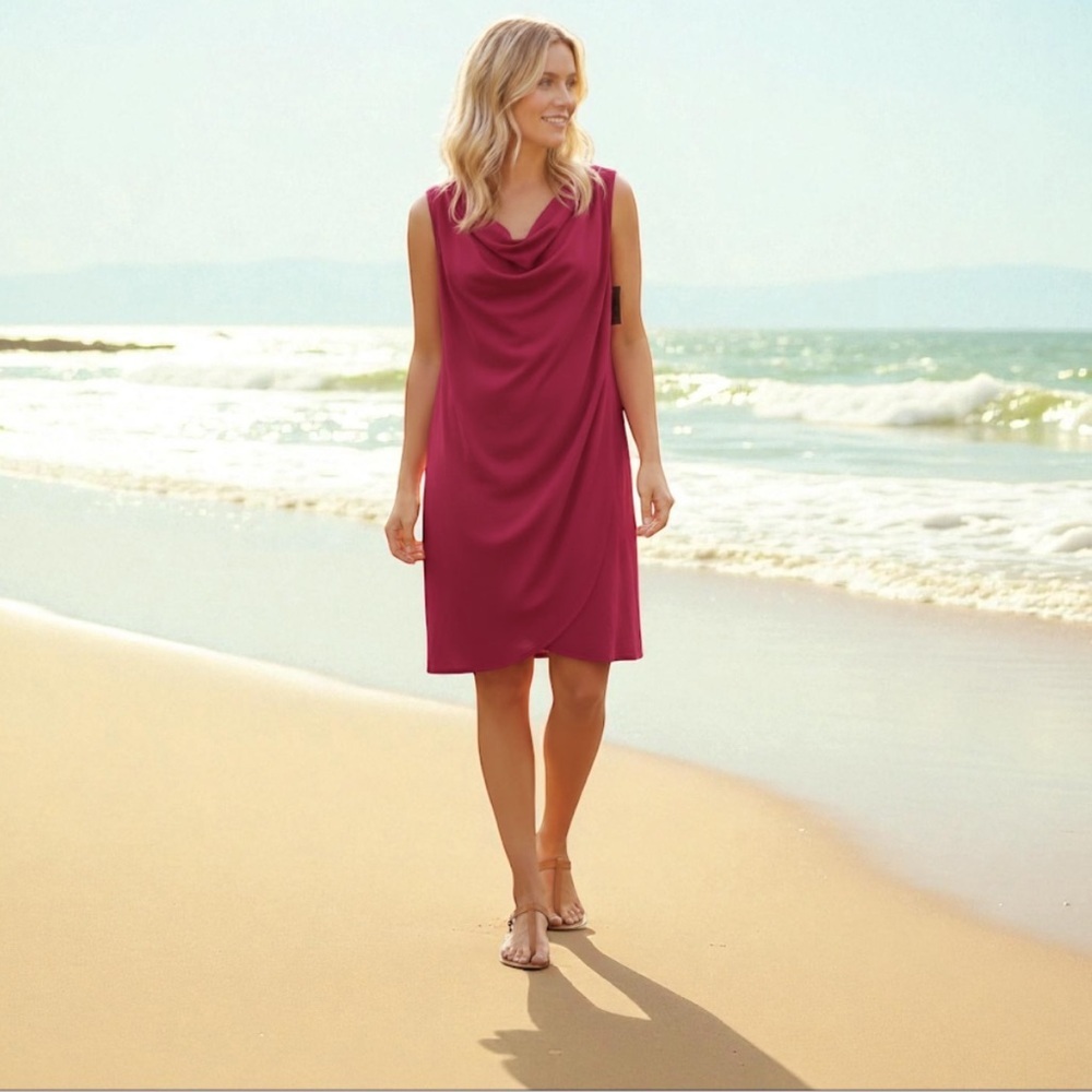 Ellen Tracy NEW Drapey Cowl Neck Faux Wrap Dress Pink Lightweight Minimalist 4